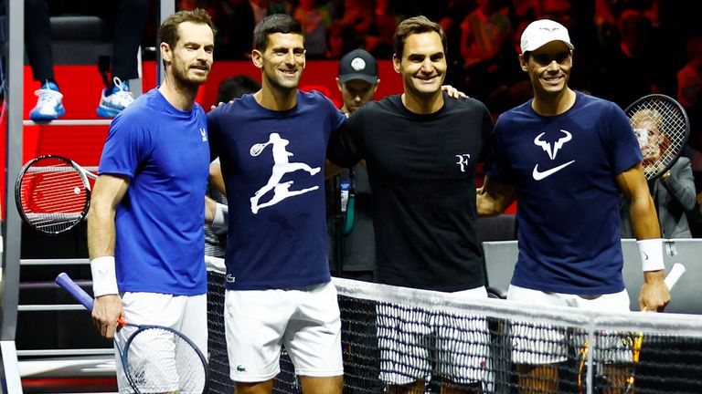 Nadal (far right) with tennis rivals - and friends - Andy Murray, Novak Djokovic and Roger Federer at the 02 Arena, London, in 2022. Pic: Action Images via Reuters