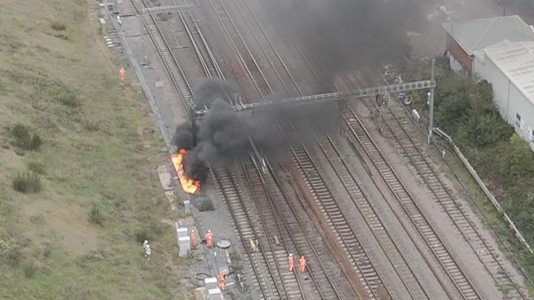 A fire burned through railway signal cables in Stevenage, about 20 miles north of London.