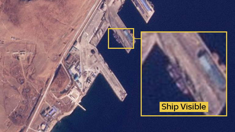 A ship at a pier known to be used in the transfer of arms from North Korea to Russia. 