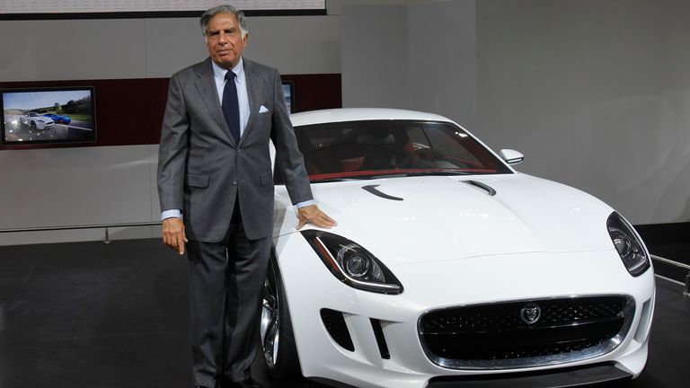 Ratan Tata with Jaguar's C-X16 car in 2012. Pic: Reuters