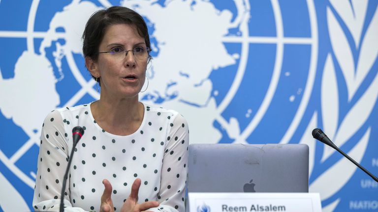 Reem Alsalem, speaks at the UN's European headquarters in Switzerland last year. Pic: AP