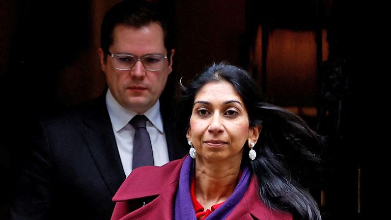 British Home Secretary Suella Braverman and British Minister of State (Minister for Immigration) Robert Jenrick walk outside the Downing Street 10, in London, Britain, March 7, 2023. REUTERS/Peter Nicholls