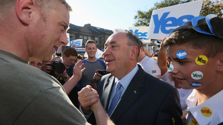 Alex Salmond greets "Yes" supporters as he campaigns for Scottish independence on 17 September 2014. Pic: Reuters