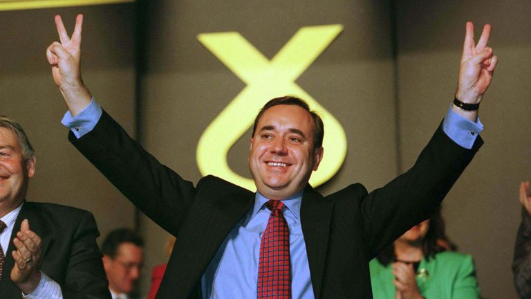 Former SNP leader Alex Salmond gives the victory sign after speaking at the party conference in 1997. File pic: Reuters