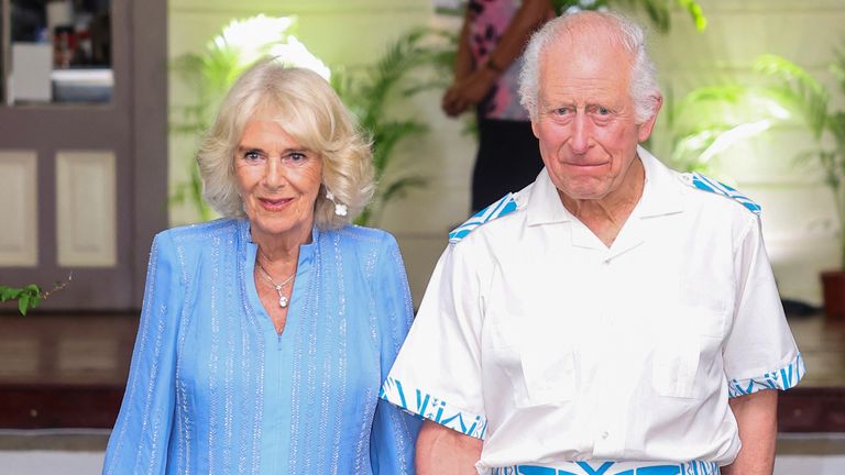 King Charles and Queen Camilla arrive to attend the CHOGM reception and dinner at the Robert Louis Stevenson Museum, near Apia, Samoa. Image: Reuters