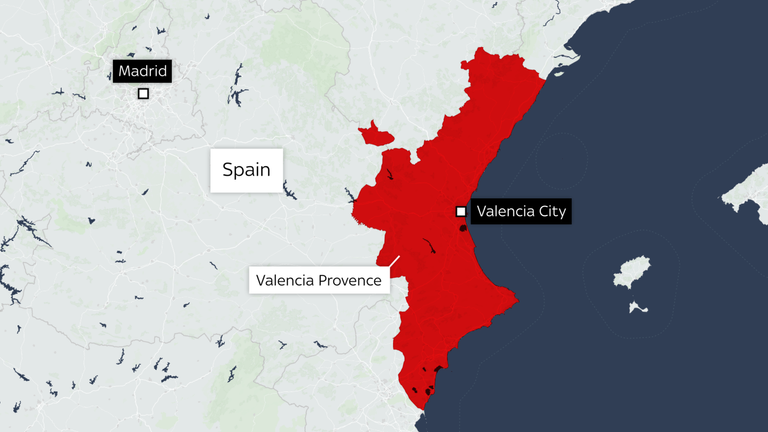 Map of areas affected by floods in Spain