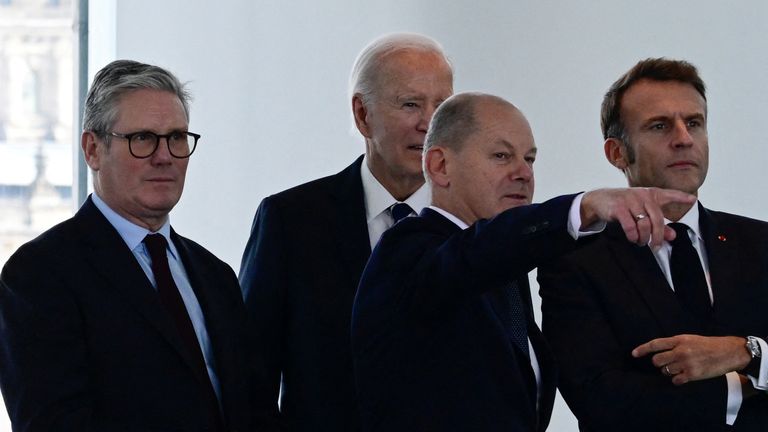 Sir Keir Starmer, Joe Biden, Olaf Scholz, Emmanuel Macron. Pic: Reuters