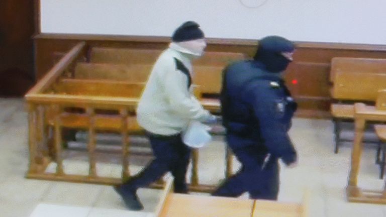 Stephen Hubbard, a U.S. citizen accused of fighting as a mercenary for Ukraine against Russia in a court building during a video link to a hearing in Moscow.
Pic: Reuters