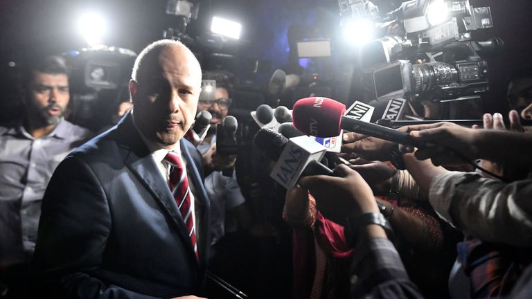 Stewart Wheeler, speaks to media personnel after meeting with officials at the Indian government's Ministry of External Affairs, in New Delhi, India, Monday, Oct. 14, 2024. (AP Photo)