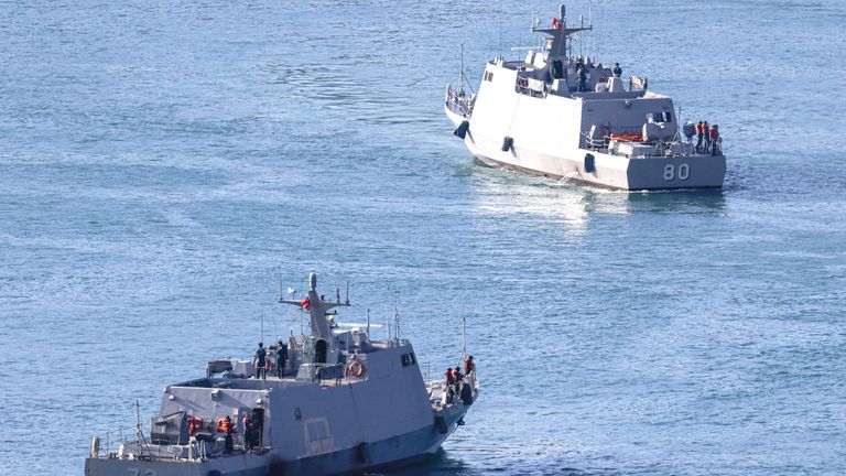 Taiwanese navy Kuang Hua VI-class missile boats move within the harbour of Keelung, Taiwan.
Pic: Reuters