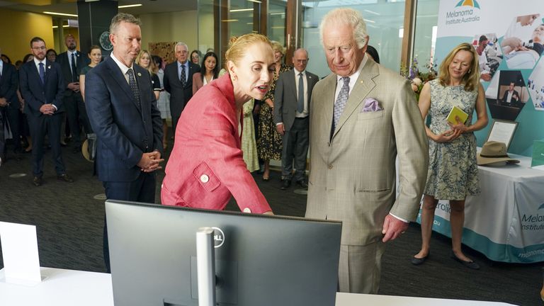 King Charles III meets the Co-Medical Directors of the Institute and 2024 Australians of the Year, Professor Georgina Long AO and Professor Richard Scolyer AO during a visit to Melanoma Institute Australia in Sydney, on day three of the royal visit to Australia and Samoa. Picture date: Tuesday October 22, 2024.