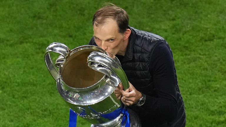 Tuchel celebrates winning the 2021 Champions League trophy. Photo: PA