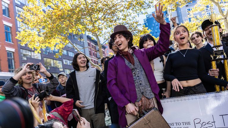 Miles Mitchell, 21, victor  of the Timothee Chalamet lookalike contention   adjacent   Washington Square Park, Sunday, Oct. 27, 2024, successful  New York. (AP Photo/Stefan Jeremiah)