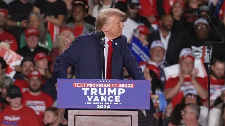 Trump has mic cut out at campaign event in Detroit, Michigan, Pic: AP