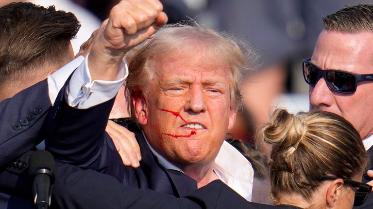 Donald Trump reacts following an assassination attempt at a campaign event in Butler, Pennsylvania, 13 July. Pic: AP