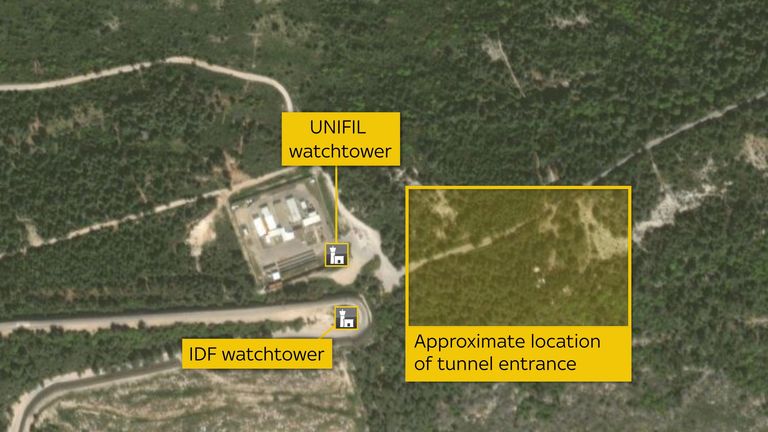 Satellite image showing the location of a tunnel entrance shown to journalists in southern Lebanon on 13 October, 2024