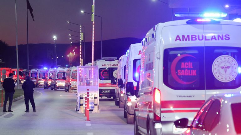 Ambulances are lined up at the entrance of the headquarters of Turkey's aviation company TAI. Picture Reuters