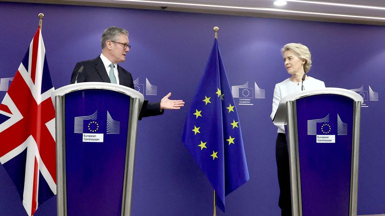 Ursula von der Leyen and  Keir Starmer address the media in Brussels.
Pic: Reuters