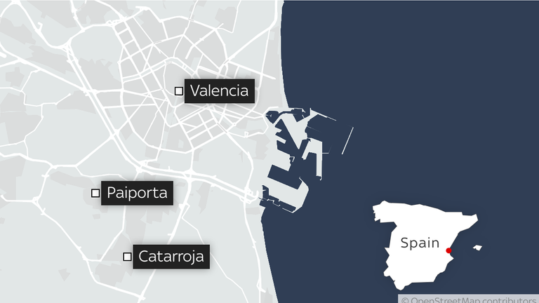 A map showing the locations of Paiporta and Catarroja