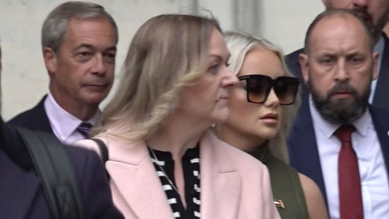 PA Video grab of Reform UK leader Nigel Farage (fourth from left) and Victoria Thomas Bowen (sixth from left) arriving at Westminster Magistrates' Court in London. Ms Thomas Bowen denies assault by beating and criminal damage after a milkshake was thrown over Mr Farage in Clacton, Essex, on June 4. Picture date: Monday October 21, 2024.