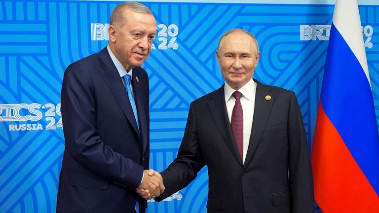 Vladimir Putin meets  Recep Tayyip Erdogan on the sidelines of the BRICS summit in Kazan. Pic Reuters