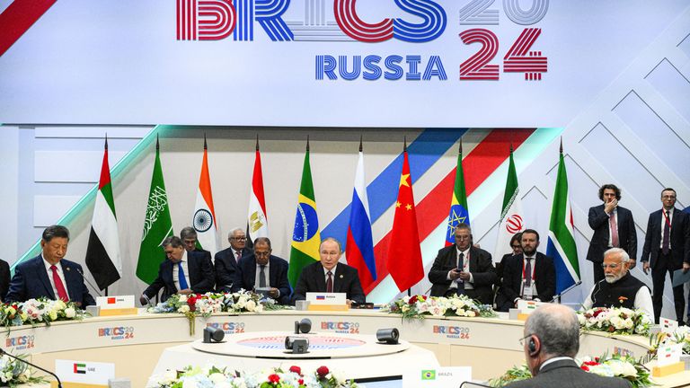 Chinese President Xi Jinping, Russian President Vladimir Putin and Indian Prime Minister Narendra Modi, attend the BRICS summit in Kazan.
Pic: Reuters