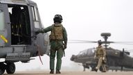 British Army Apache attack helicopters prepare for take-off from Wattisham Flying Station in Suffolk.
File pic: PA