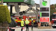 Emergency services at the scene of the explosion in the village of Creeslough, in County Donegal. Pic: Reuters