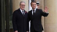 French President Emmanuel Macron, right, gestures with British Prime Minister Keir Starmer Monday, Nov. 11, 2024 at the Elysee Palace in Paris, before ceremonies marking the 106th anniversary of the Armistice, a celebration of their countries' friendship, as nations across the world pay tribute to their fallen soldiers in World War I. (AP Photo/Aurelien Morissard)
