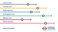 EMBARGOED TO 0001 THURSDAY NOVEMBER 29..Undated handout image issued by Transport for London (TfL) showing the new London Overground line names and colours. Individual names and colours for London Overground railway lines will be introduced from Thursday. Issue date: Friday November 29, 2024. PA Photo. See PA story RAIL Overground. Photo credit should read: Transport for London/PA Wire ..NOTE TO EDITORS: This handout photo may only be used in for editorial reporting purposes for the contemporaneous illustration of events, things or the people in the image or facts mentioned in the caption. Reuse of the picture may require further permission from the copyright holder. . 