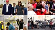 (Clockwise)  Donald and Melania Trump, Patti Sidote hugs Jessica Reed at a Republican watch party in Florida, Media outside an election centre in Arizona and election workers process mail-in ballots in Philadelphia..
Pic: AP/Reuters