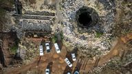 An aerial view of a mine shaft where an estimated 4000 illegal miners are refusing to leave in Stilfontein, South Africa,.
Pic: AP