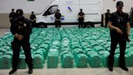 Spanish police display the 13 tons of cocaine, which was seized at the Algeciras port, hidden in banana shipments after it was transported in a container from Ecuador, at the port in Algeciras, Spain, November 6, 2024. REUTERS/Jon Nazca