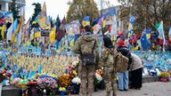 Soldiers at a commemoration in central Kyiv