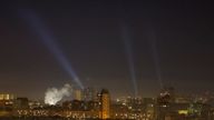 Ukrainian service personnel use searchlights as they search for drones in the sky over the city during a Russian drone strike, amid Russia's attack on Ukraine, in Kyiv, Ukraine November 24, 2024. REUTERS/Gleb Garanich
