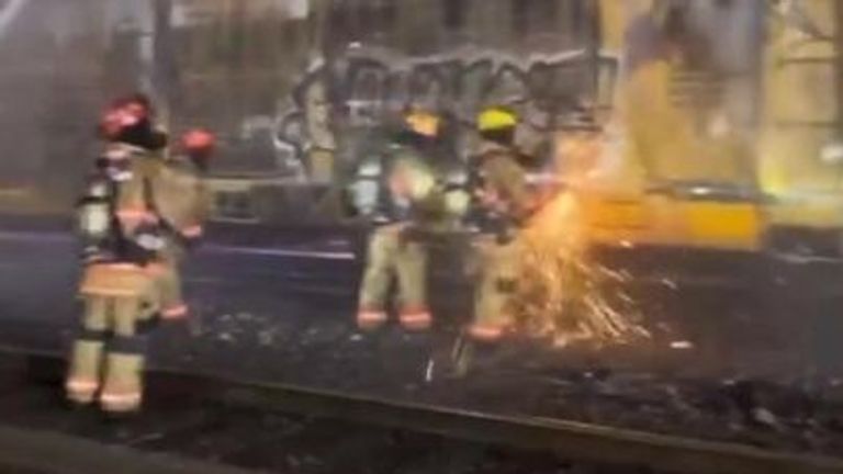 Train car fire shuts down nearby roads in downtown Las Vegas