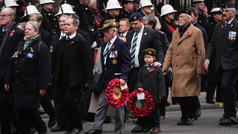 Military veterans march on Whitehall during the Remembrance Sunday service at the Cenotaph in London. Picture date: Sunday November 10, 2024.