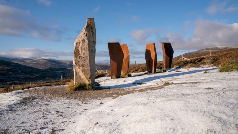 Snow and ice surround The Watchers sculpture at Corgaff in Aberdeenshire. The UK is bracing for snow, ice and cold temperatures as up to 20cm of snow could hit the UK over the coming days. Picture date: Monday November 18, 2024. PA Photo. See PA story WEATHER Snow. Photo credit should read: Jane Barlow/PA Wire