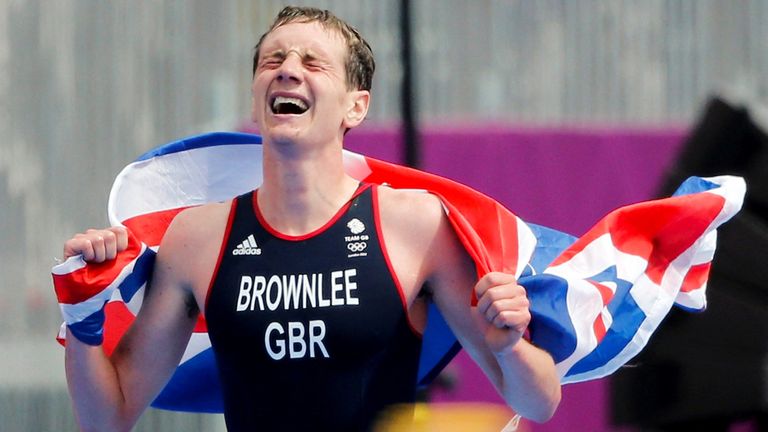 Alistair Brownlee celebrates after winning gold in the men's triathlon at the London 2012 Olympics. Image: Reuters