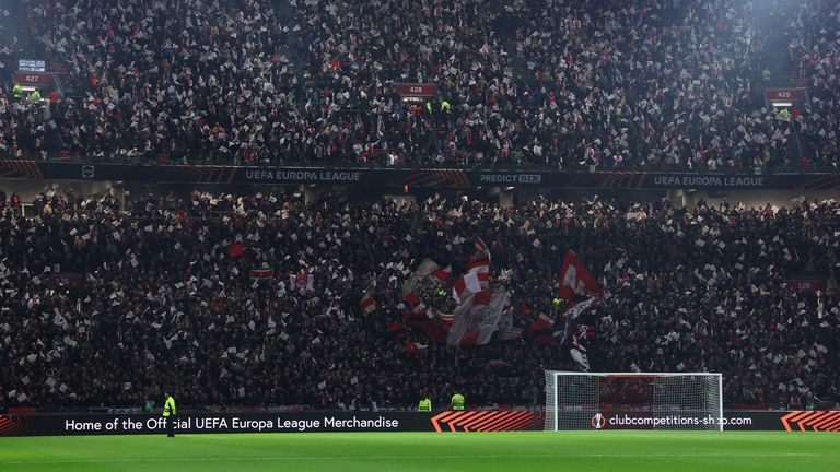 Ajax fans inside the Cruyff Arena before kick-off against Maccabi Tel Aviv on Thursday. Pic: Reuters