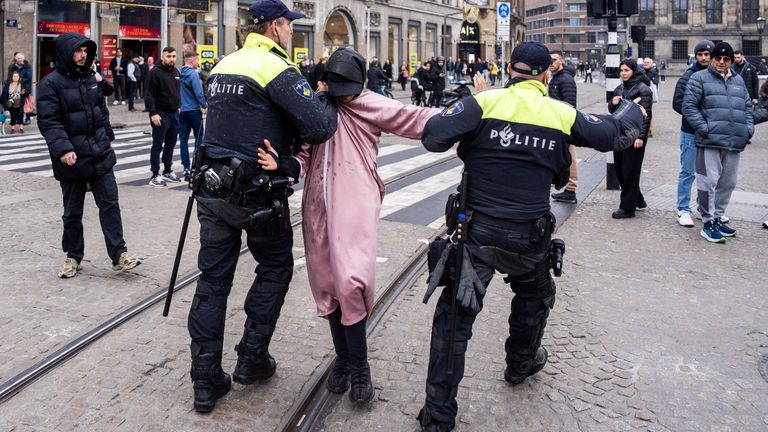 Pic: Jeroen Jumelet/EPA-EFE/Shutterstock

UEFA Europa League - Ajax vs Maccabi Tel Aviv, Amsterdam, Netherlands - 07 Nov 2024
Dutch police detain a man at De Dam in Amsterdam after allegedly provoking Maccabi Tel Aviv supporters ahead of the UEFA Europa League match between Ajax and Maccabi Tel Aviv in Amsterdam, Netherlands, 07 November 2024.

7 Nov 2024