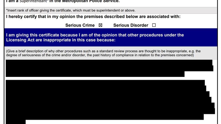 Redacted documents showing the application was made on the ground of a serious crime allegedly happening on Groucho's premises 