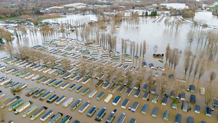 Flooded caravans at Billing Aquadrome Holiday Park near Northampton, Northamptonshire. Storm Bert will continue to bring disruption into Monday after torrential downpours caused "devastating" flooding over the weekend. Picture date: Monday November 25, 2024. PA Photo. See PA story WEATHER Bert. Photo credit should read: Jordan Pettitt/PA Wire