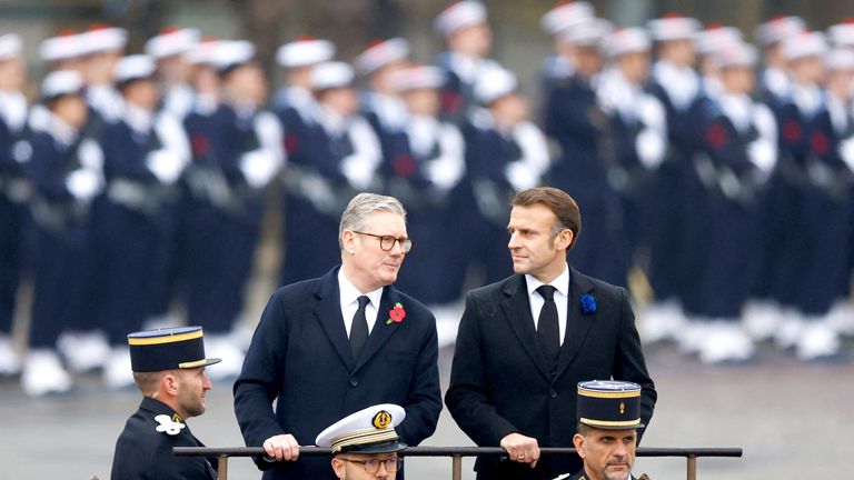 Emmanuel Macron and  Keir Starmer attend commemorations during Armistice in Paris.
Pic: Reuters