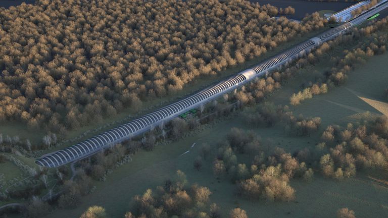 Undated handout artist's impression image issued by HS2 of the Sheephouse Wood bat protection structure which will run for around one kilometre (0.6 miles) alongside the wood, creating a barrier allowing bats to cross above the high-speed HS2 railway without being affected by passing trains. Issue date: Thursday November 7, 2024.

