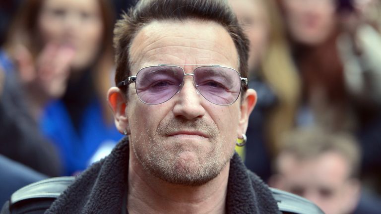 Bono of U2 arrives for the recording of the Band Aid 30 single at Sarm Studios in Notting Hill, London, in 2014. Pic: Anthony Devlin/PA