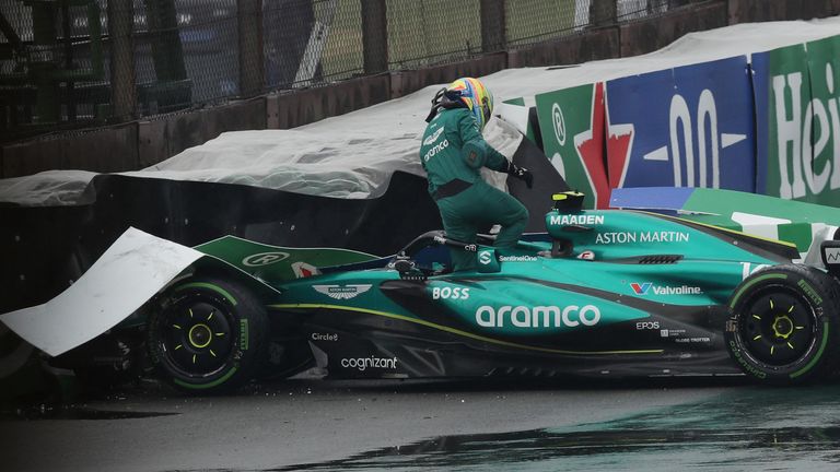 Aston Martin's Fernando Alonso after an accident in qualifying. Image: Reuters