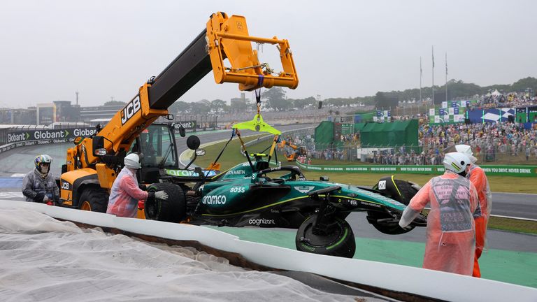 Aston Martin's Fernando Alonso car is towed away after an accident during qualifying. Image: Reuters