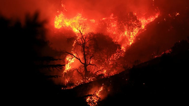 Smoke and flames billow from the Mountain Fire in Santa Paula, California, U.S., November 6, 2024. REUTERS/David Swanson