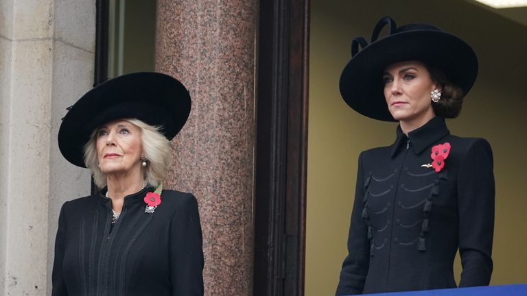 Queen Camilla (left) and the Princess of Wales stand on a balcony at the Foreign, Commonwealth and Development Office (FCDO) on Whitehall during the Remembrance Sunday service at the Cenotaph, in Whitehall, London. Picture date: Sunday November 12, 2023.